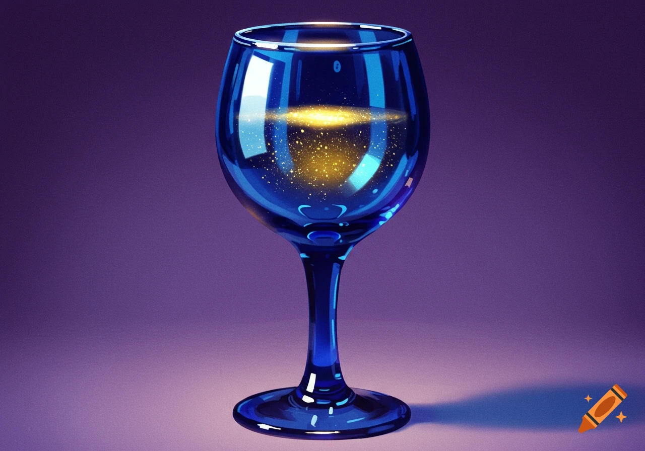 A blue glass contains a golden nebula or galaxy against a purple background.