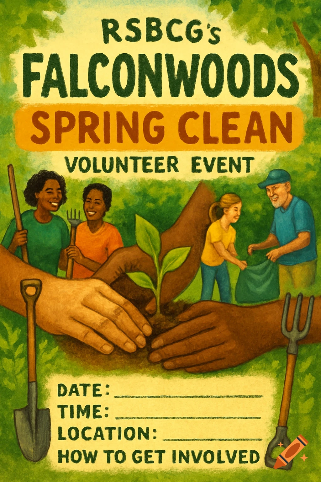 Illustrative poster for RSBCG's FalconWoods Spring Clean event, showing diverse people planting a seedling, collecting trash, with tools, and text fields for event details.