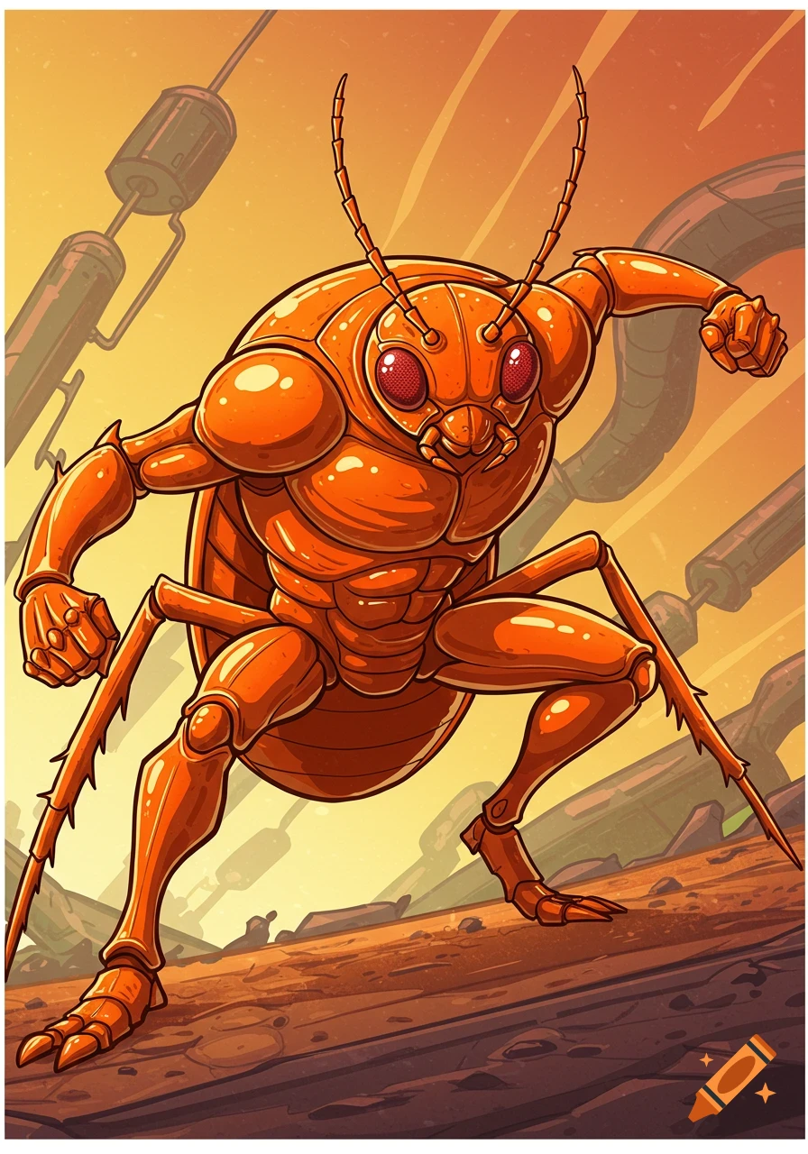 An orange insect creature in a superhero pose stands on a log in a comic art style.
