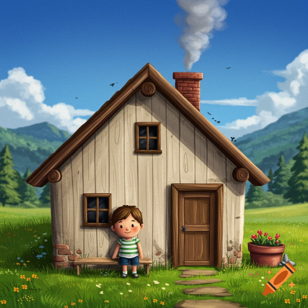 Illustration of a boy standing by a wooden house in a grassy field with flowers.
