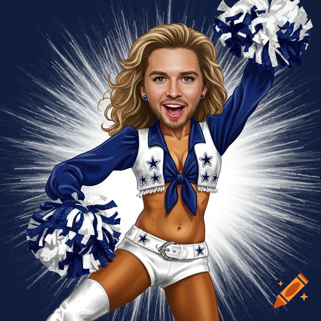 Caricature of a bearded person in Dallas Cowboys cheerleader uniform holding pom-poms