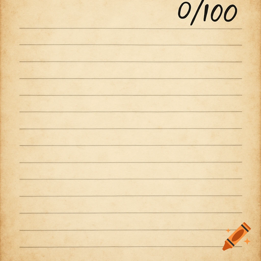 A piece of aged, lined paper with the text 0/100 written in the top right corner.