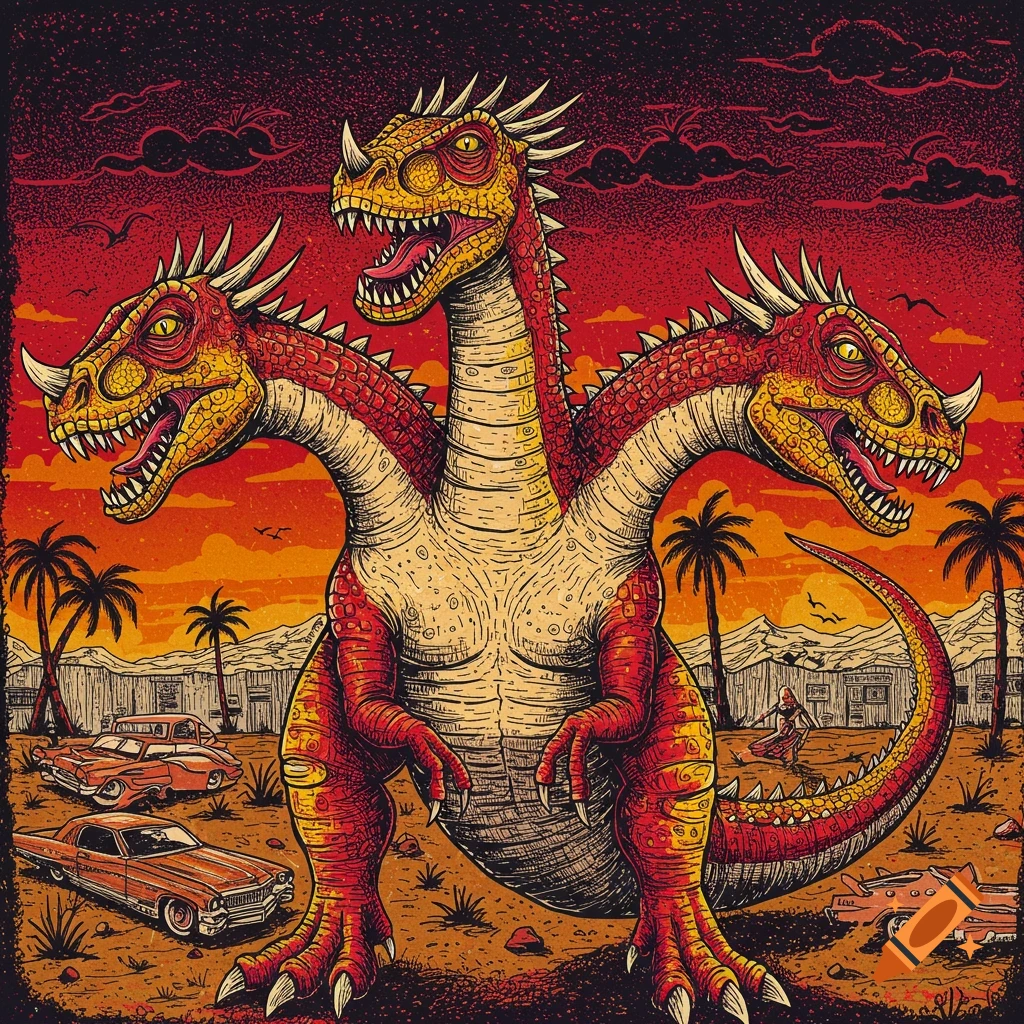 Stylized red and yellow three-headed dinosaur among retro cars and palm trees at sunset, in a chicano pen art style.