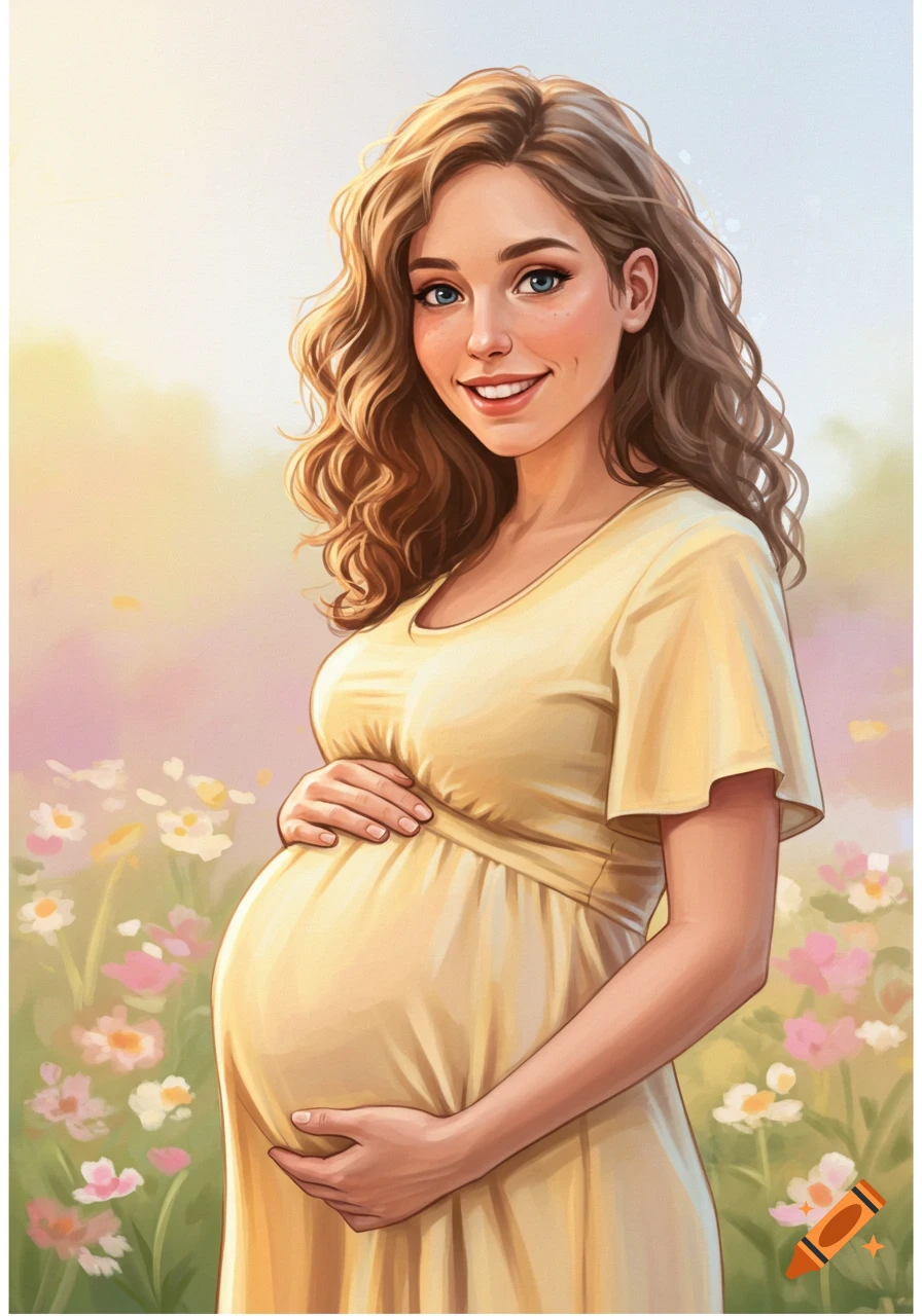 A smiling pregnant woman in a yellow dress standing in a field of flowers.