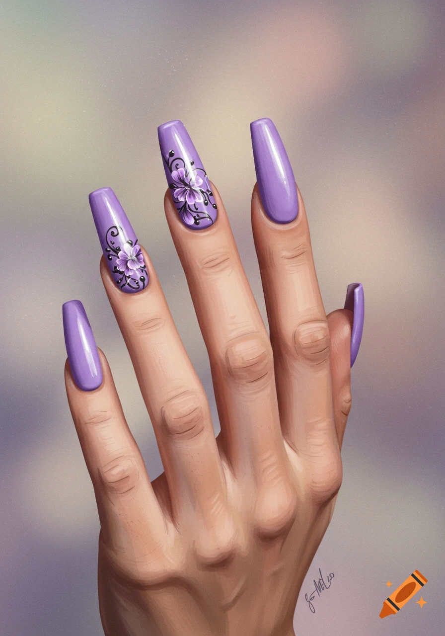 Hand with long purple nails featuring floral art