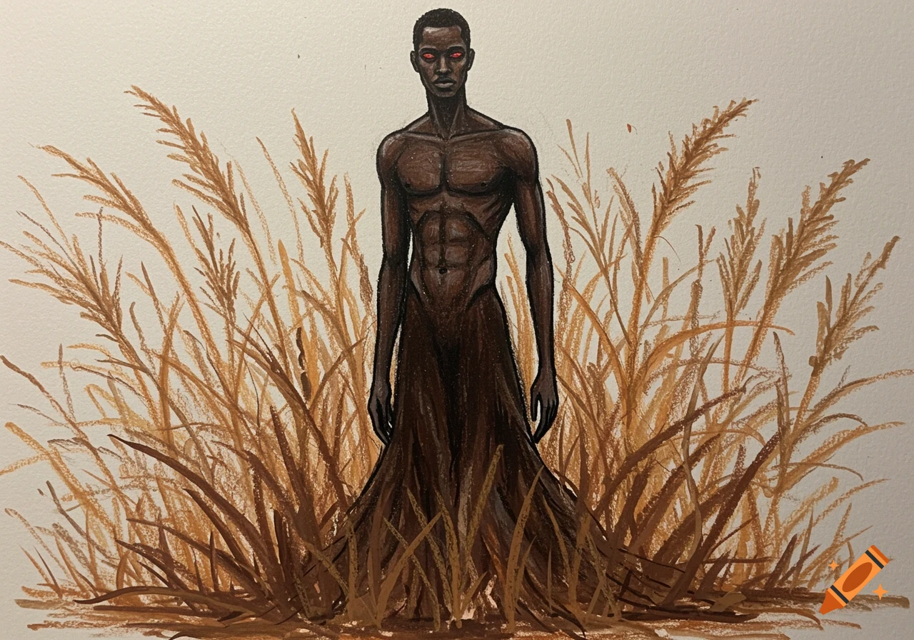 Crayon drawing of a muscular Black man with red eyes standing in tall brown grass.