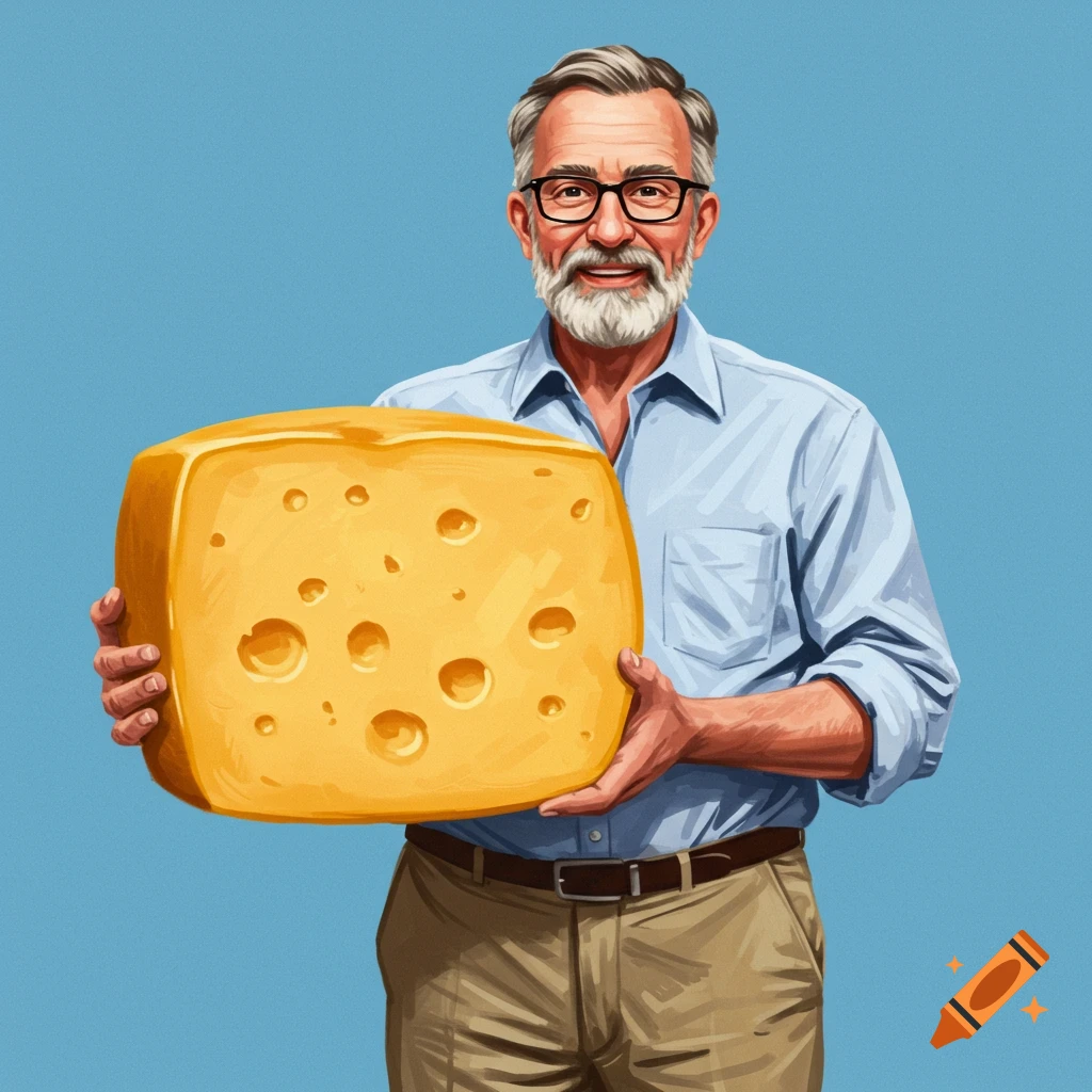An illustration of a man holding a large block of cheese.