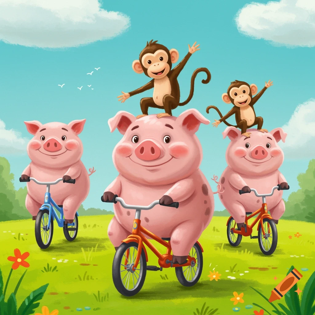 Cartoon illustration of three pigs riding bicycles in a field, each with a monkey sitting on its back.