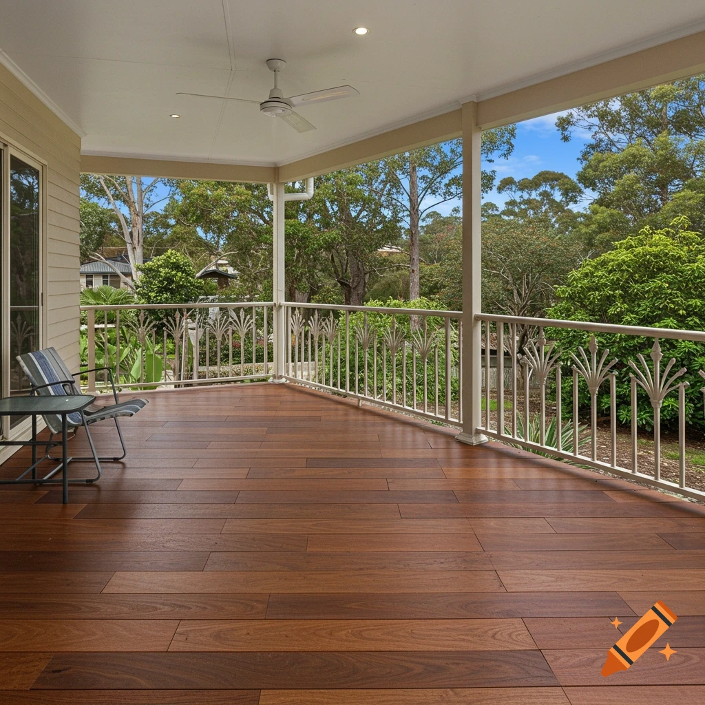 Covered outdoor patio with wood decking and white decorative railing overlooking a garden and trees.