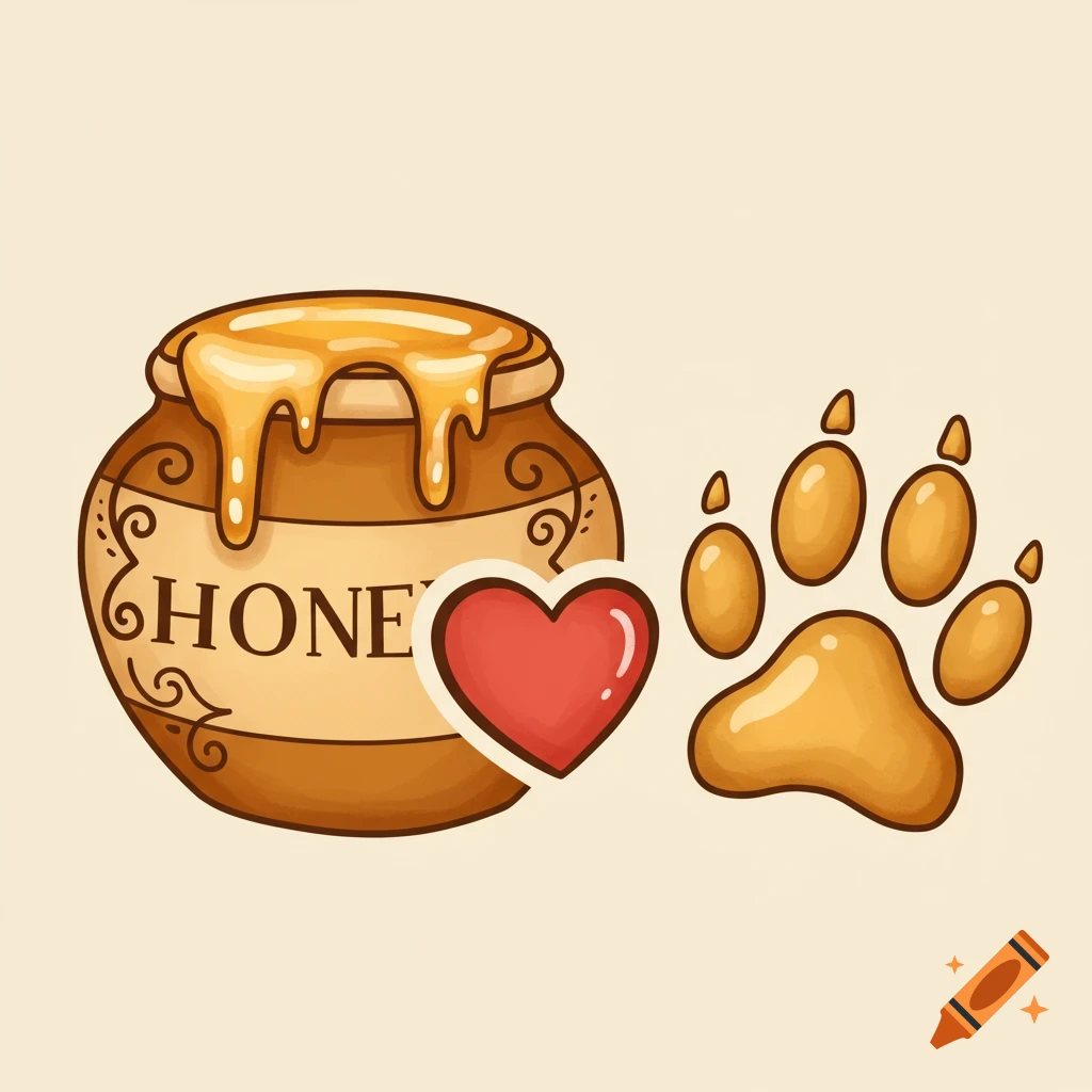 A simple tattoo design featuring a pot of honey, a red heart, and a dog paw print.