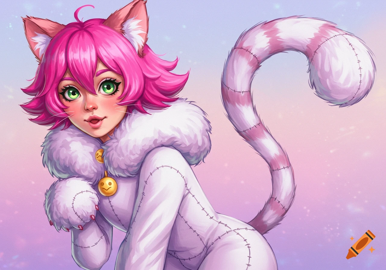 Illustration of a woman in a pink cat cosplay costume