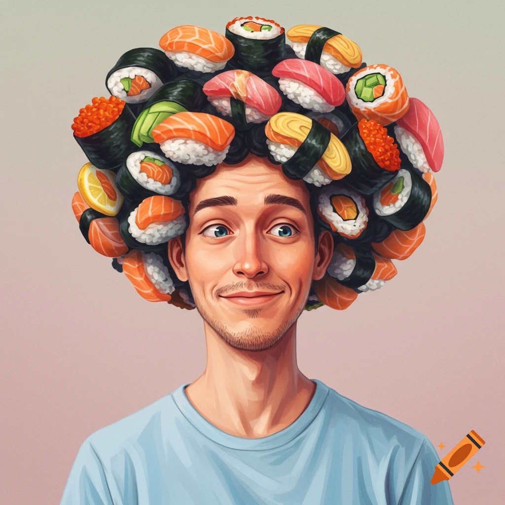 Illustration of a man smiling with sushi for hair.