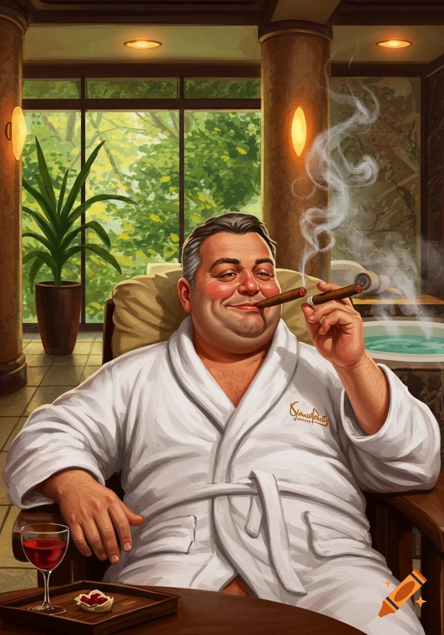A man in a white robe sits in a chair in a luxurious spa setting, smoking a cigar and holding a drink.