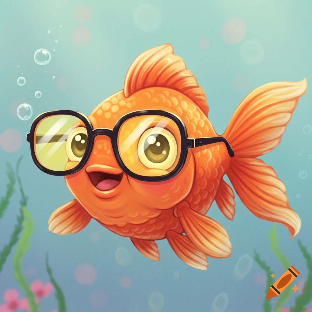 A cute cartoon goldfish wearing black glasses swims underwater.