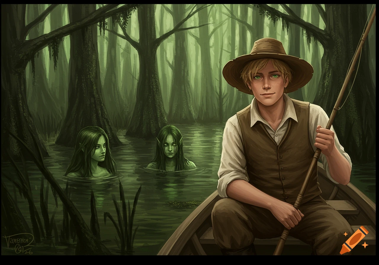 A man in a boat in a swamp is watched by two green-skinned creatures in the water.