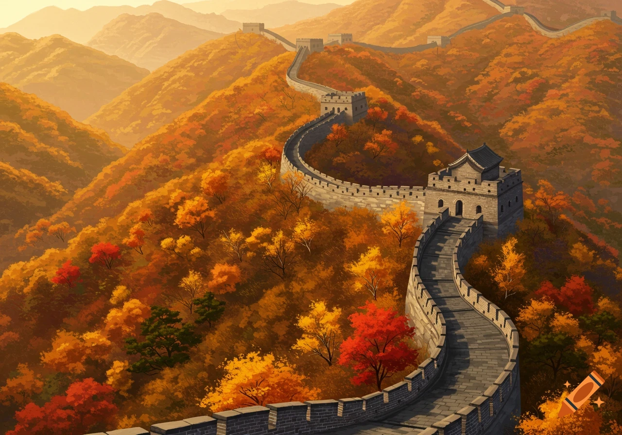 The Great Wall of China winds through mountains covered in vibrant autumn foliage under a warm sky.