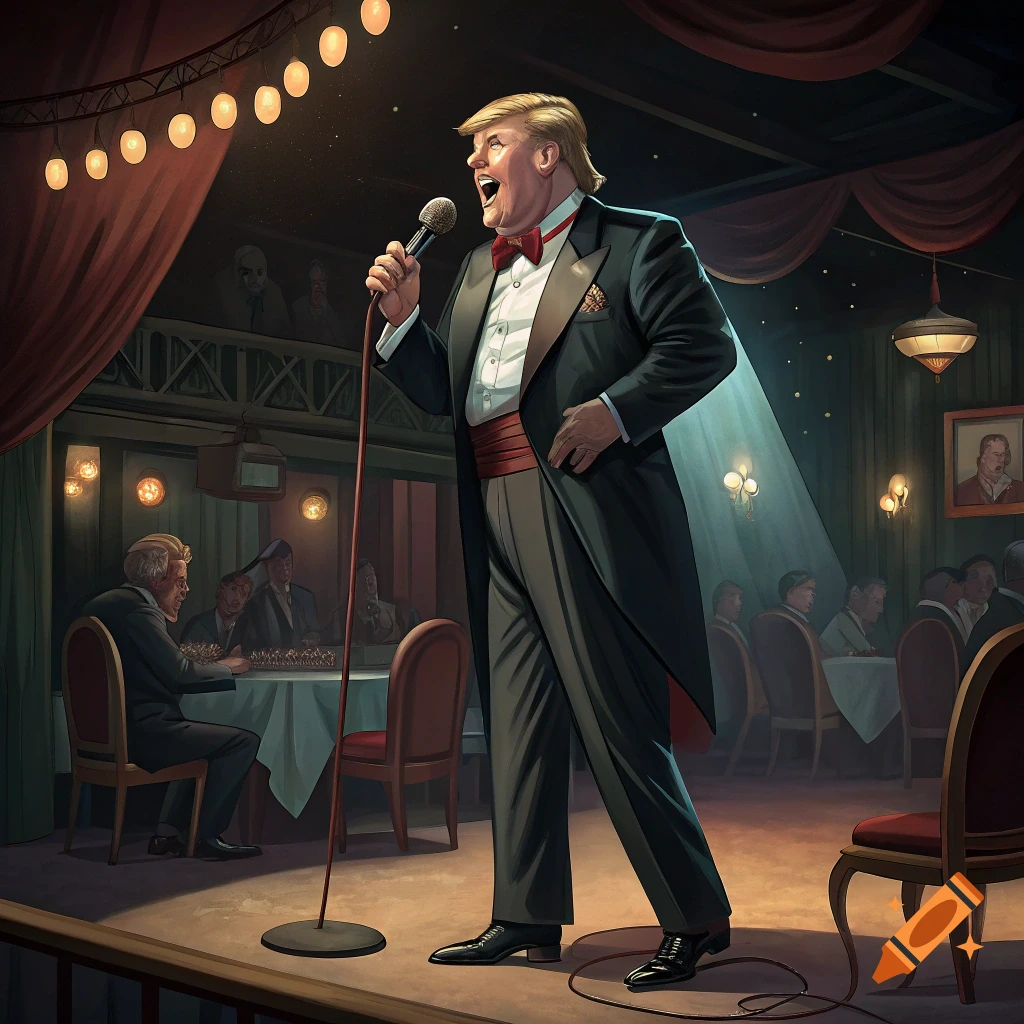 Donald Trump in a tuxedo singing on stage in a lounge