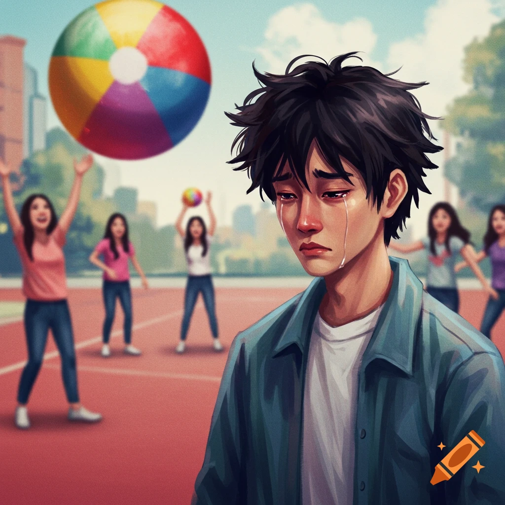 A boy cries in the foreground while other children play with a beach ball in the background.
