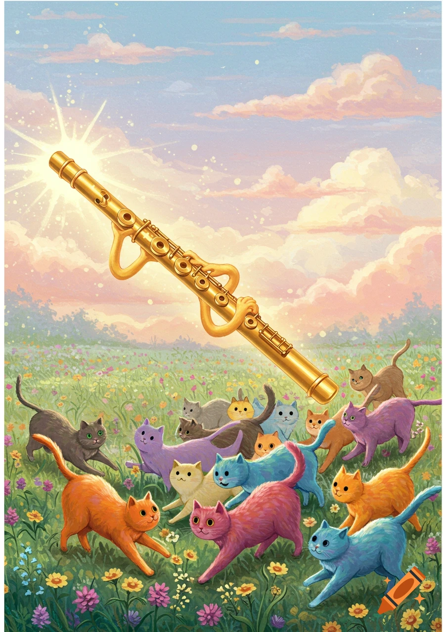 A large golden flute floats above many colorful cats running through a field of flowers under a sunny sky.