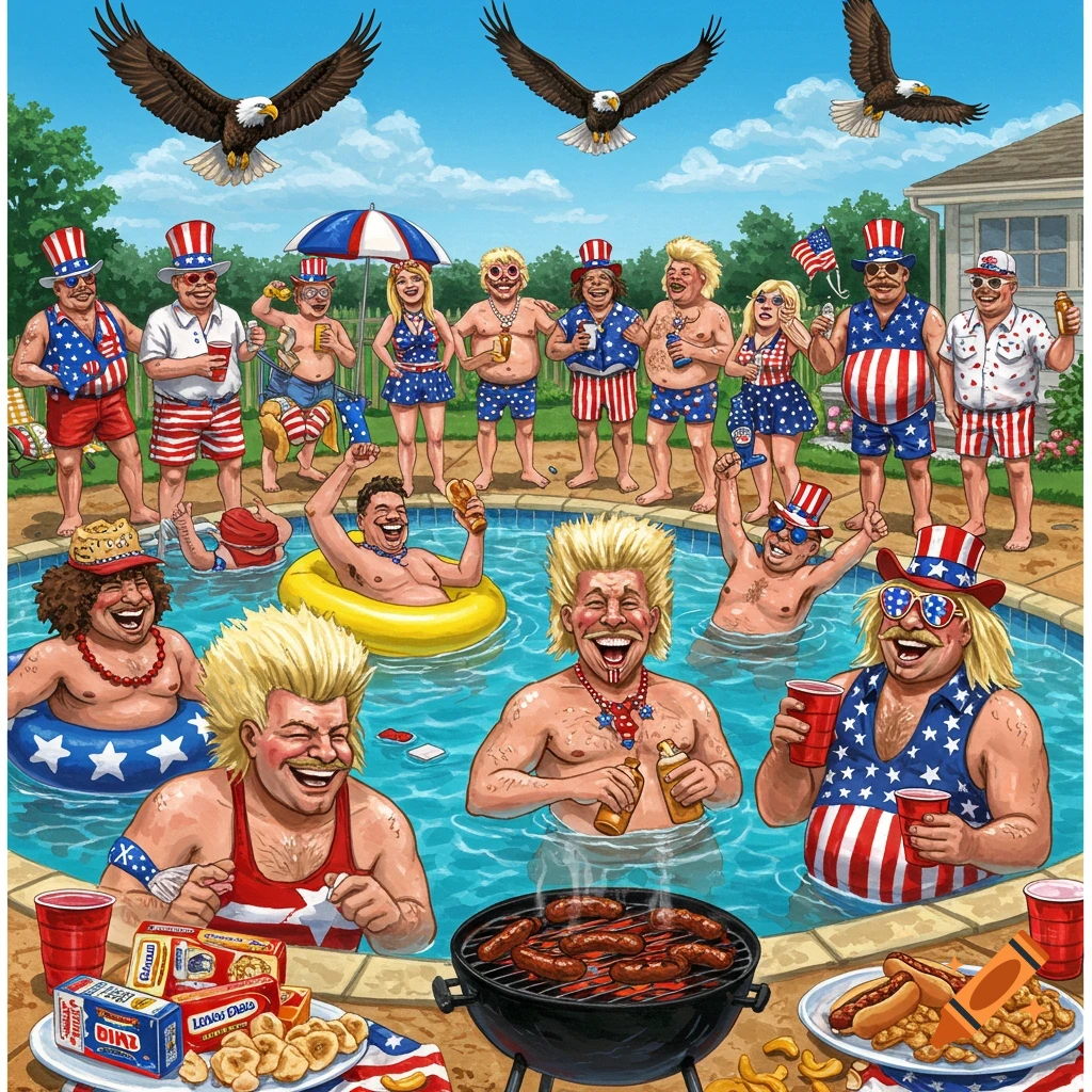 Illustrated patriotic 4th of July pool party with people swimming, grilling, and eagles flying.