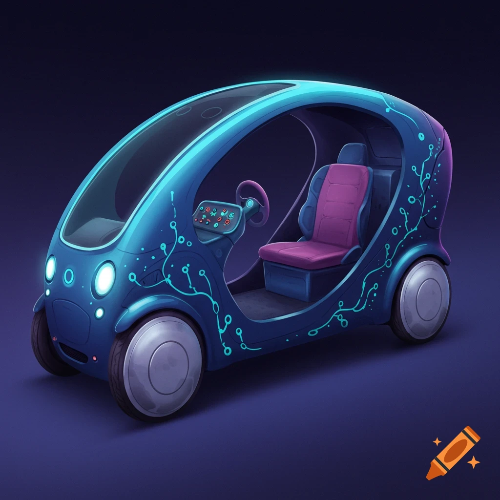 Illustration of a futuristic blue electric car with pink seats and glowing details.