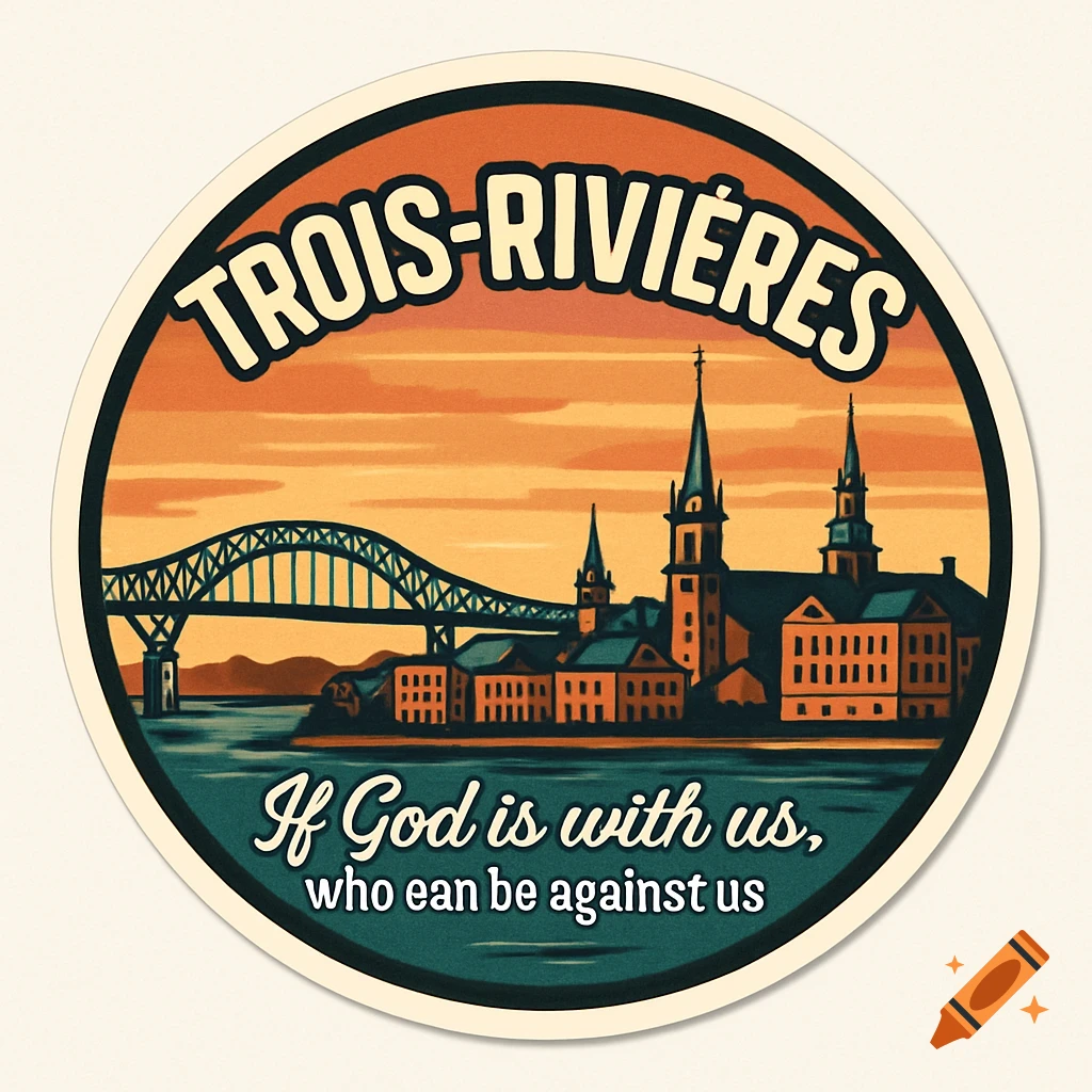 Retro illustration sticker of Trois-Rivières skyline with bridge and buildings, framed in circle with text