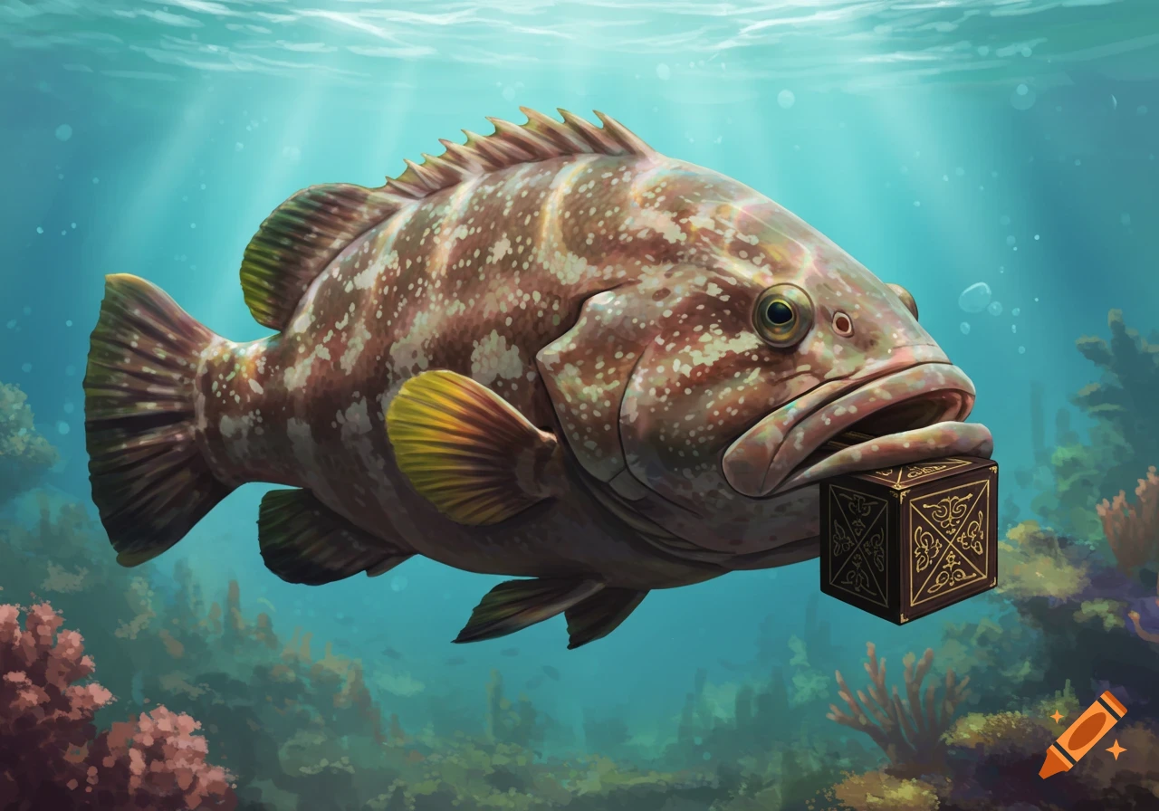 A grouper fish holding a decorated box in its mouth underwater, digital painting.