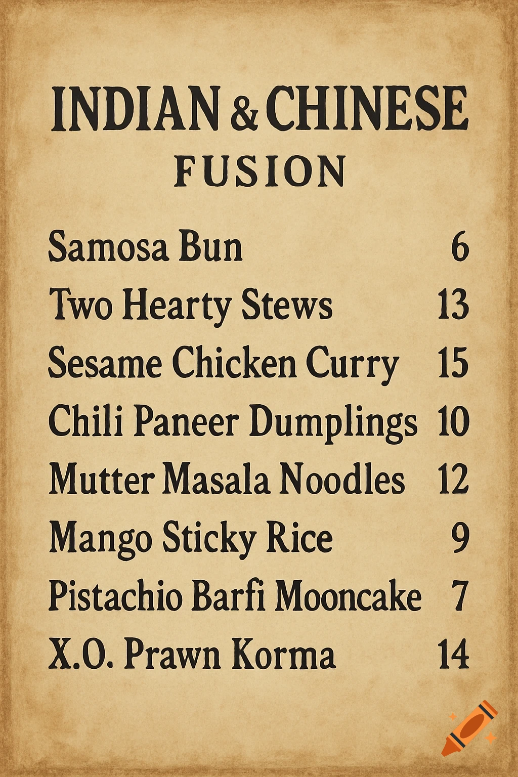 A vintage-style menu for Indian and Chinese fusion dishes with prices listed.