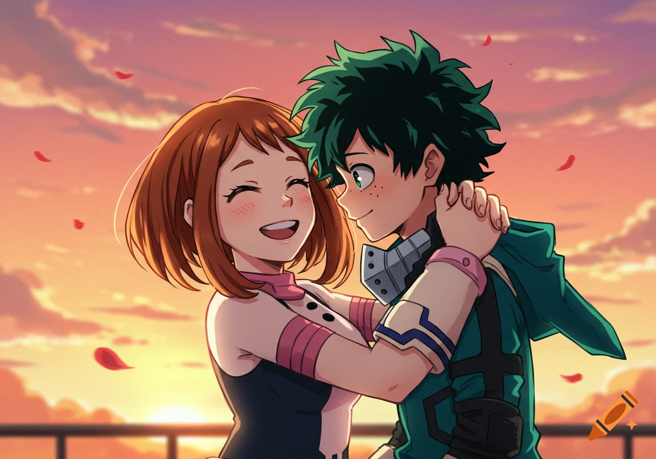 Anime couple embracing at sunset with falling petals.