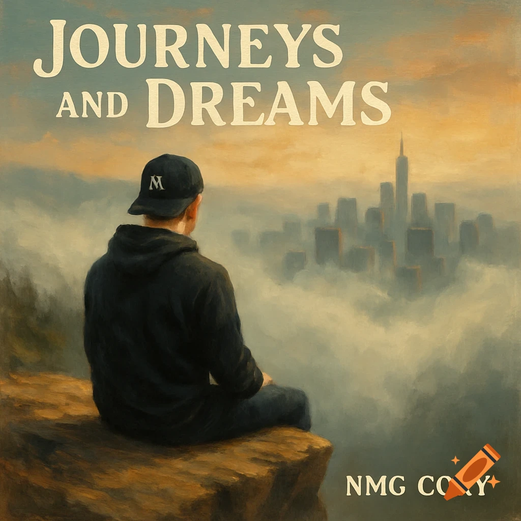 Painting of a person sitting on a cliff looking at a foggy city skyline, text JOURNEYS AND DREAMS and NMG CORY