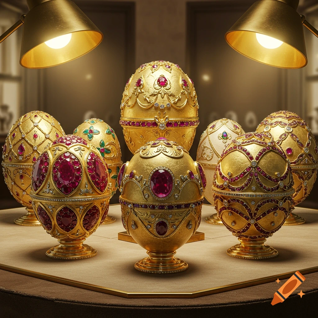 Several ornate gold Faberge-style eggs decorated with rubies and diamonds, lit by lamps.