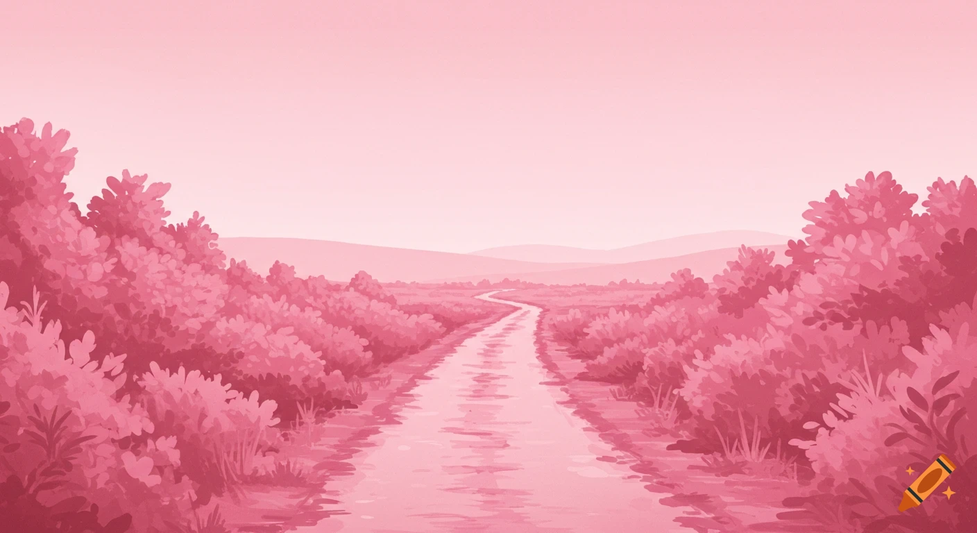 Pink monochrome landscape with a winding road through brush