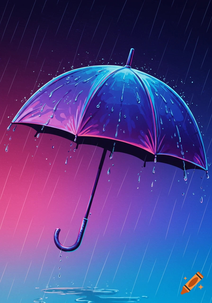 A stylized illustration of a wet umbrella in the rain with vibrant purple and blue lighting.