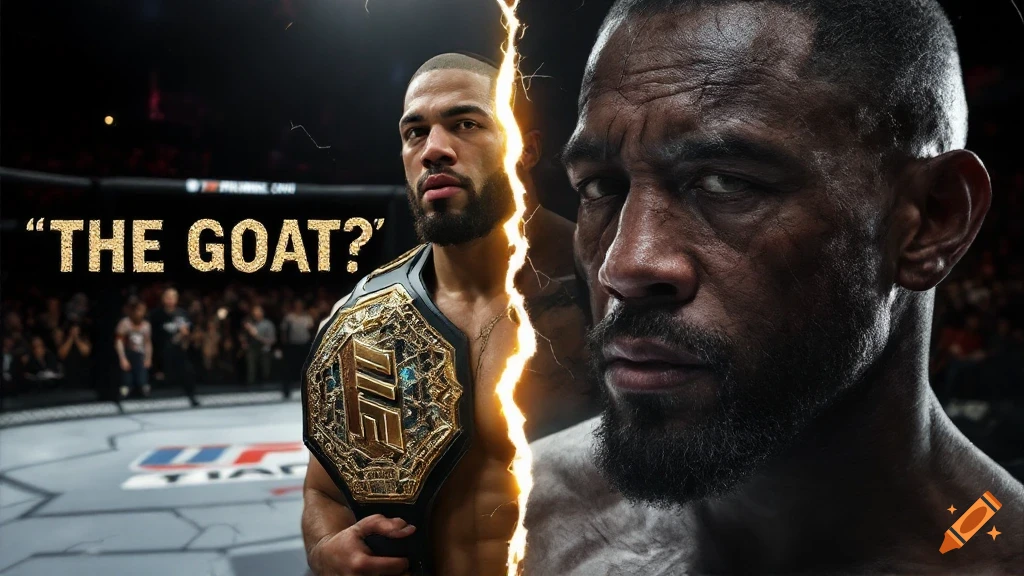 Split image of a fighter holding a championship belt next to a darker portrait, with the text "THE GOAT?"