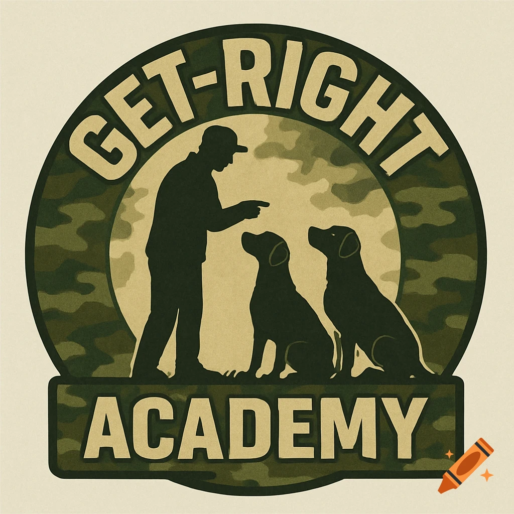Logo for a dog training business with a silhouetted man training two dogs against a camouflage background.