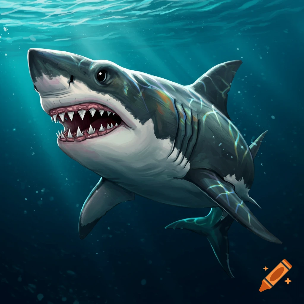 A great white shark swims underwater, digital art