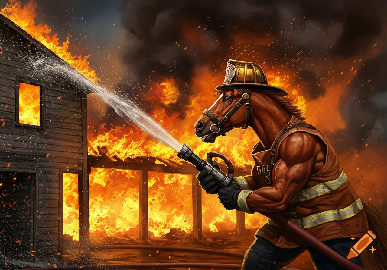 A horse dressed as a firefighter sprays water on a burning building.