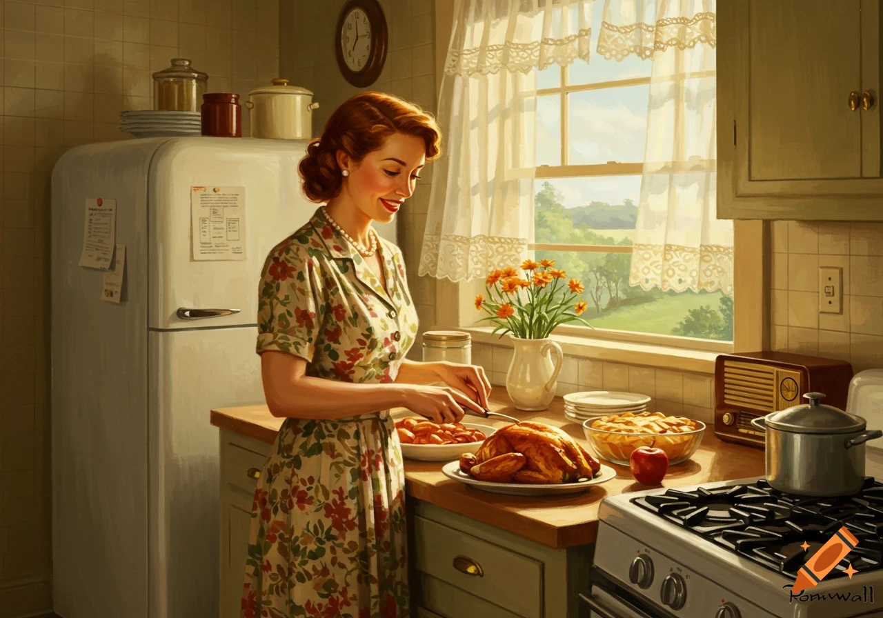 A woman in a floral dress carves a roasted turkey in a retro kitchen.