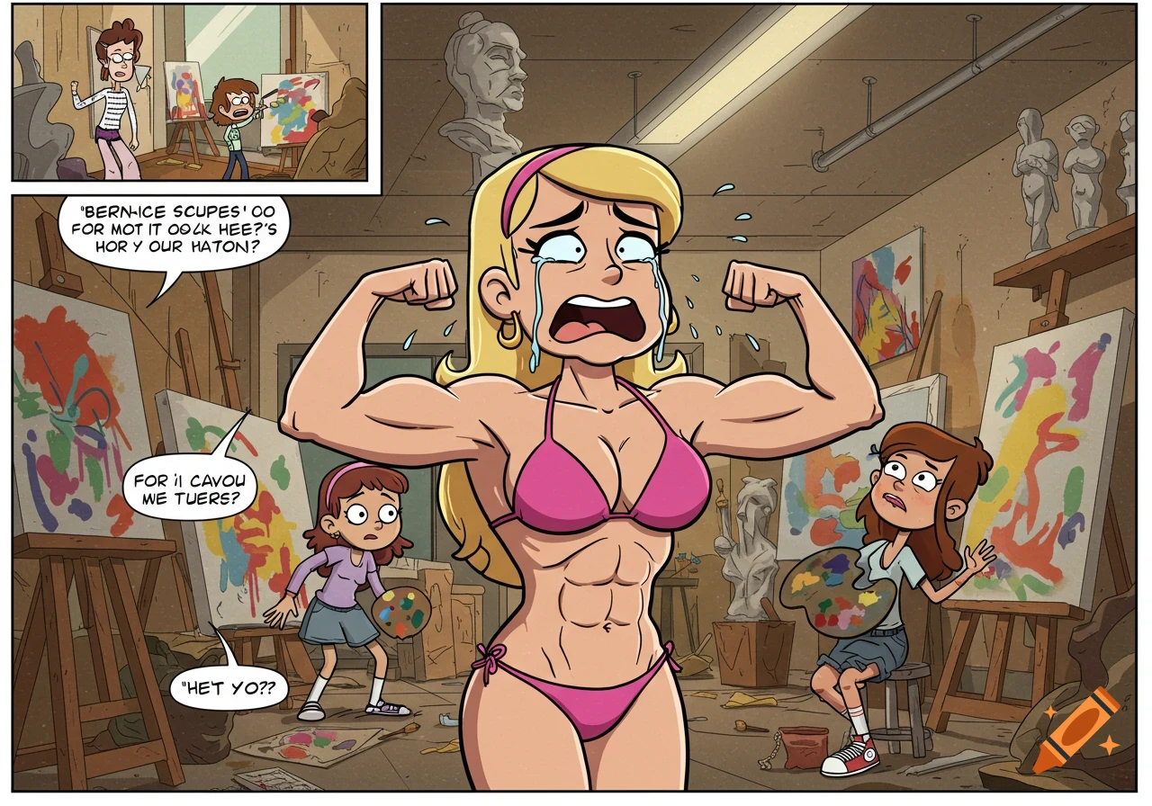 A crying muscular woman in a pink bikini flexes her arms in an art studio as two younger figures watch. Cartoon style.