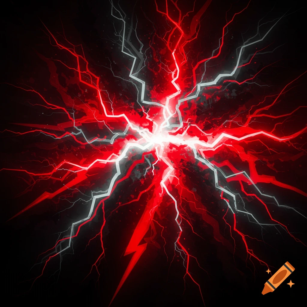 Red and grey lightning bolts radiating from a central point on a black background.