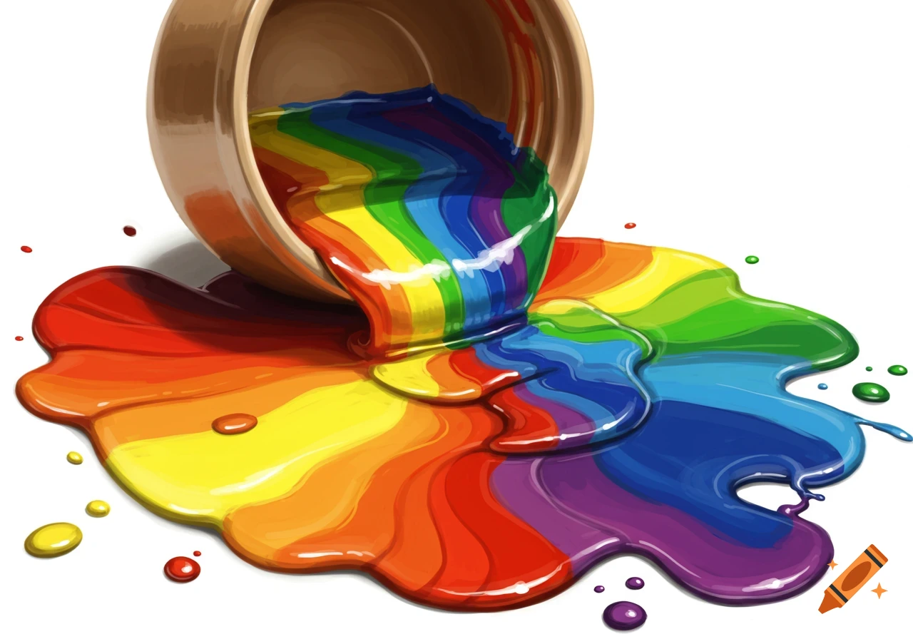 Rainbow colored paint spilling from a bowl