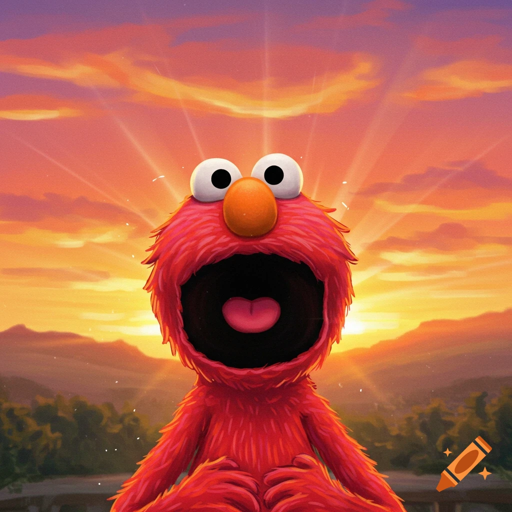 Elmo with mouth wide open looking at a bright sunrise over mountains.