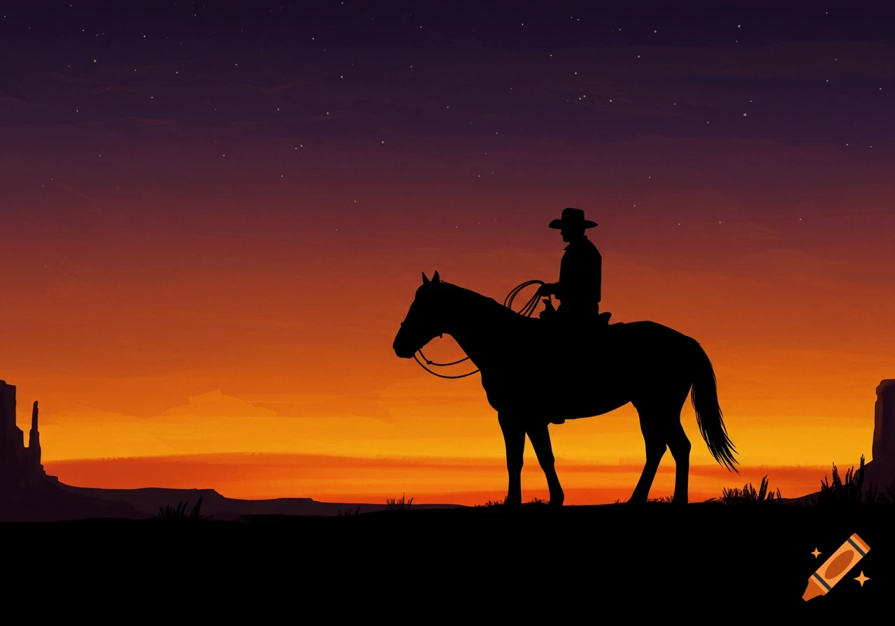 Silhouette of a cowboy riding a horse against an orange and purple sunset sky.