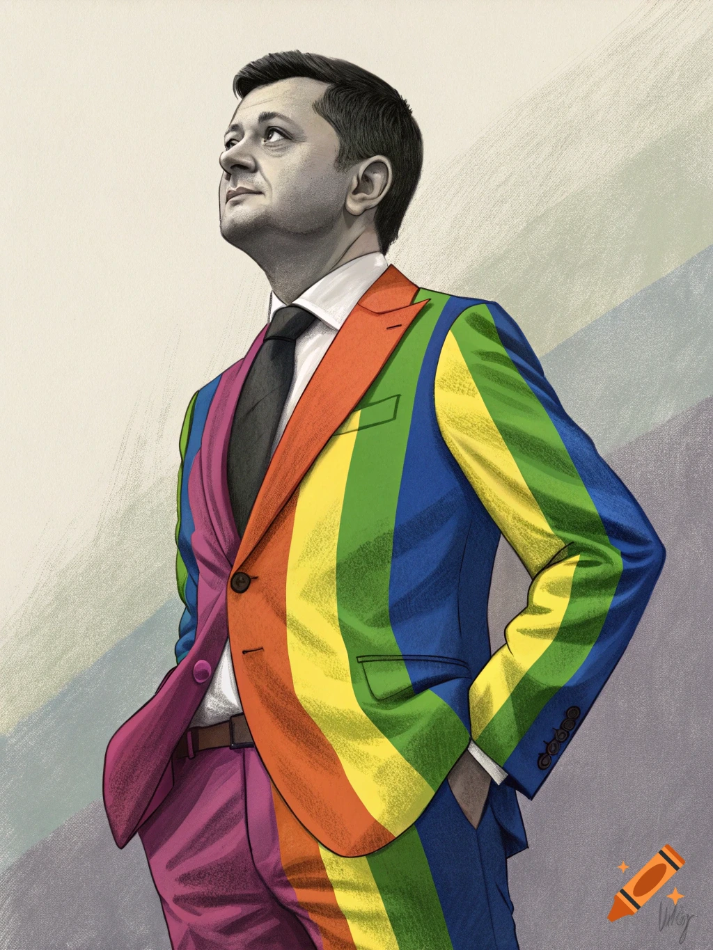 Illustration of Volodymyr Zelenskyy wearing a rainbow-striped suit, looking up.