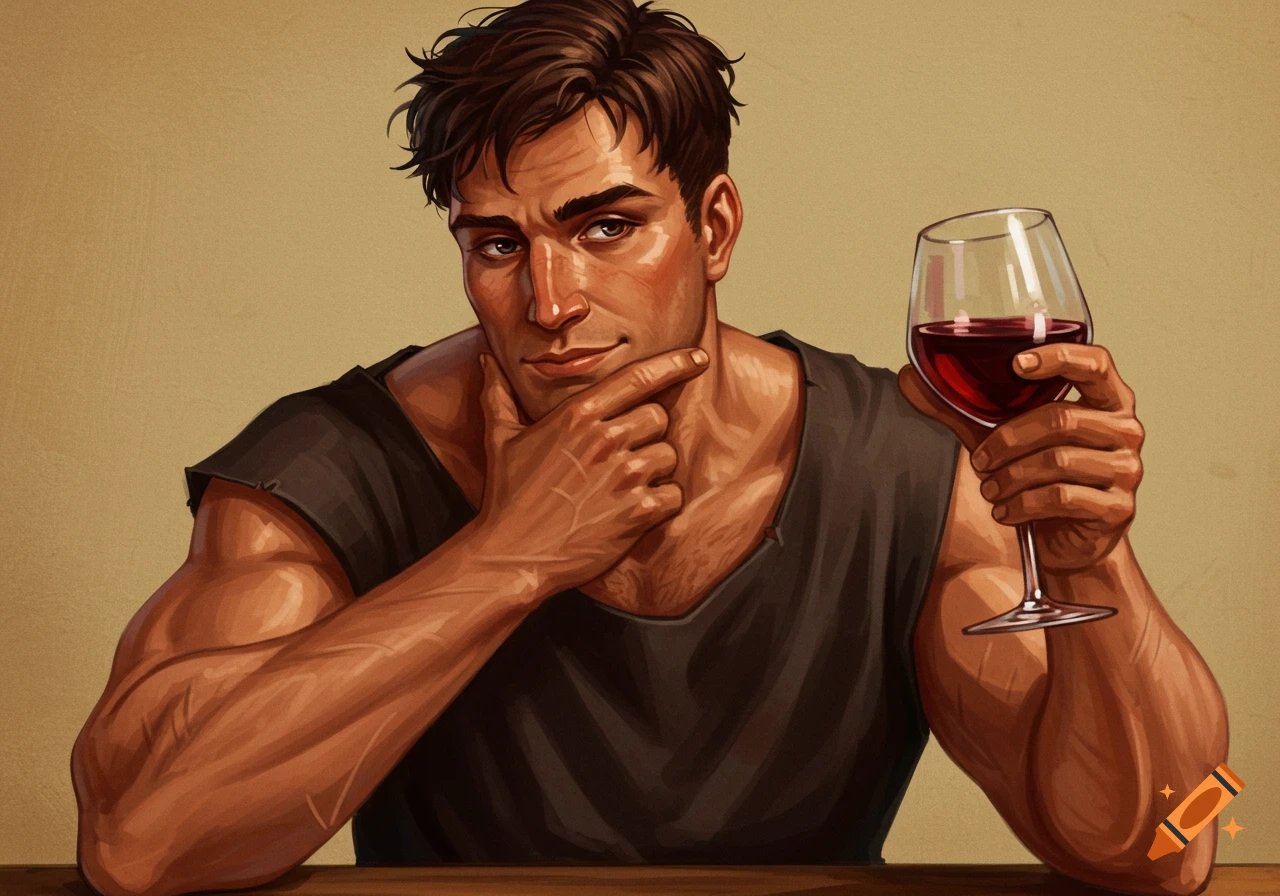 Muscular man holding a glass of red wine, digital illustration