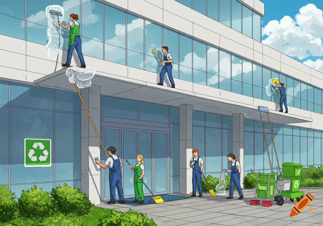 Illustration of workers cleaning the windows and exterior of a large modern building