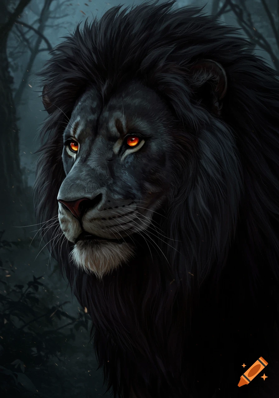 A close-up portrait of a dark lion with glowing orange eyes in a forest.