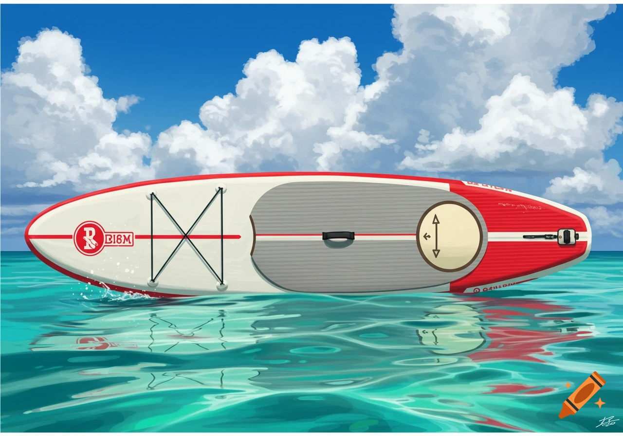 A red and white paddle board floats on clear turquoise water under a blue sky with clouds.