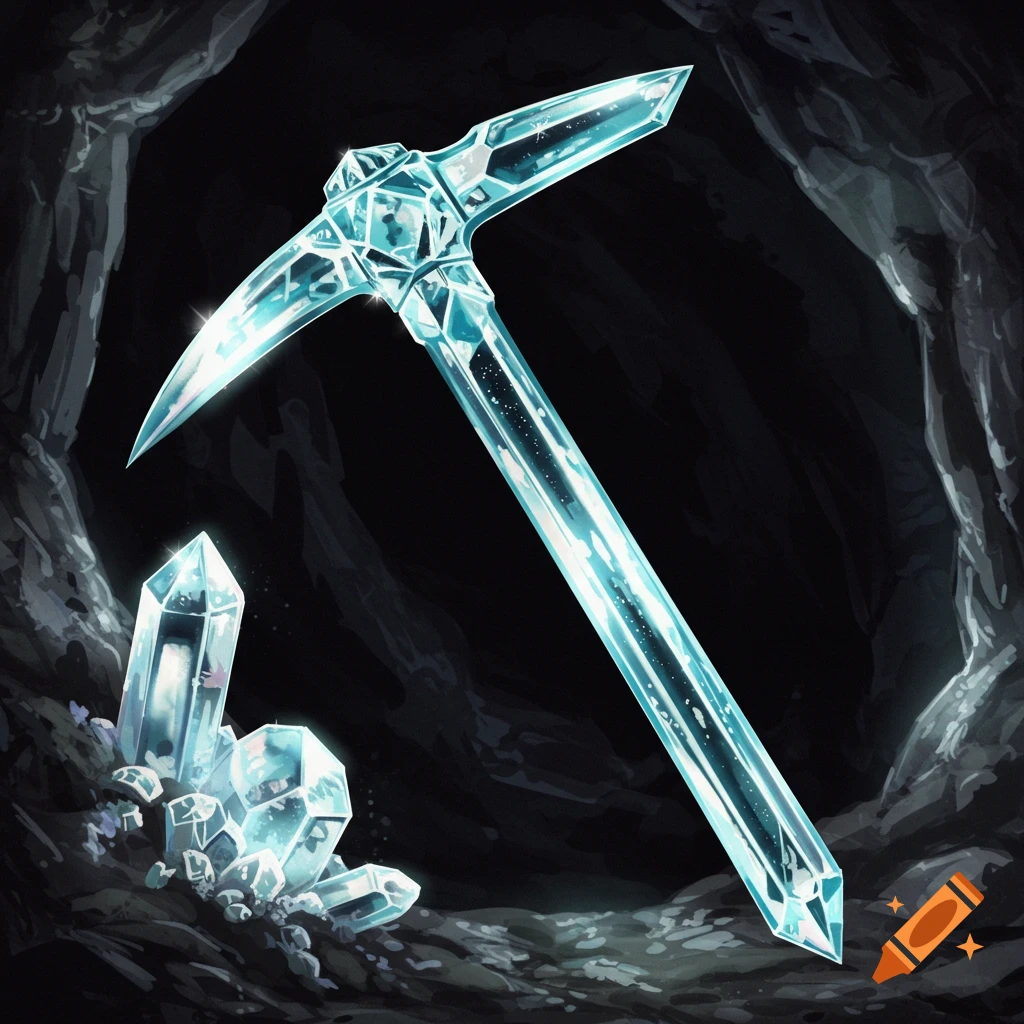 A glowing crystal pickaxe stands upright in a dark cave next to a pile of crystals.