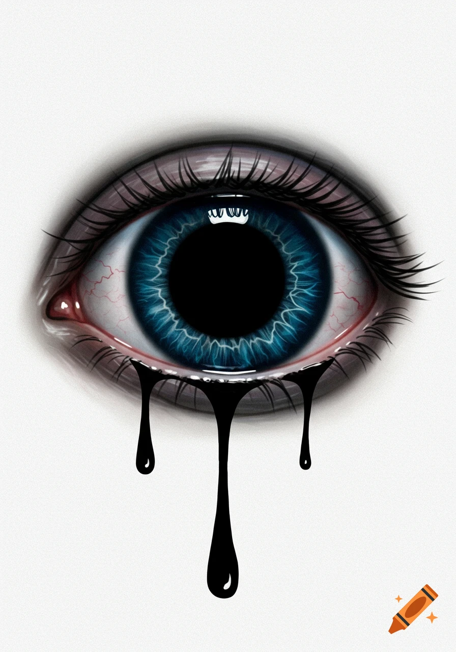 A surreal illustration of an eye with black liquid dripping from the lower eyelid.
